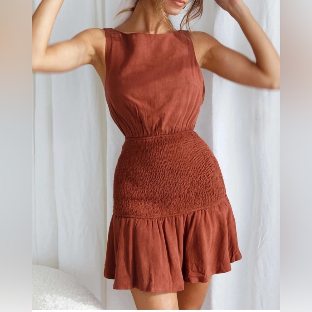 Selfie Leslie Cinnamon Antonine Elasticated Straps Shirred Waist Mini Dress M